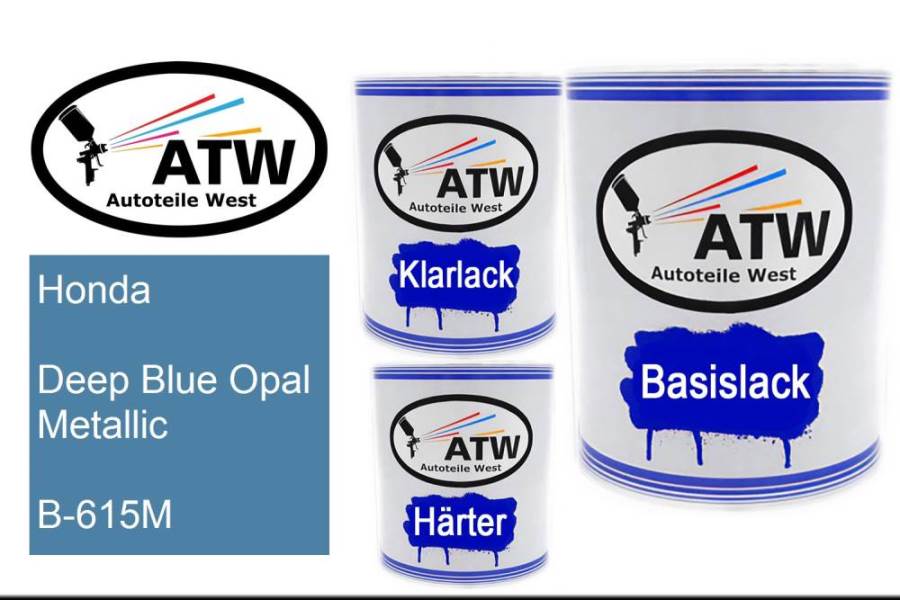 Honda, Deep Blue Opal Metallic, B-615M: 1L Lackdose + 1L Klarlack + 500ml Härter - Set, von ATW Autoteile West.